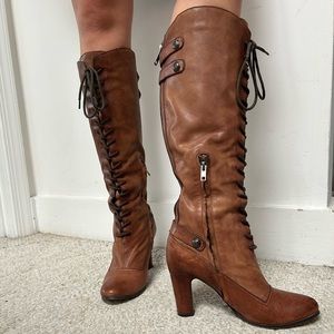 Brown knee-length boots - never worn. Stylish zippers & laces with ~2-3” heel